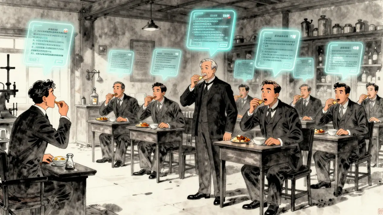 Dr. Wiley's Poison Squad experiments in 1906, with modern FDA safety alerts floating above like ghosts.