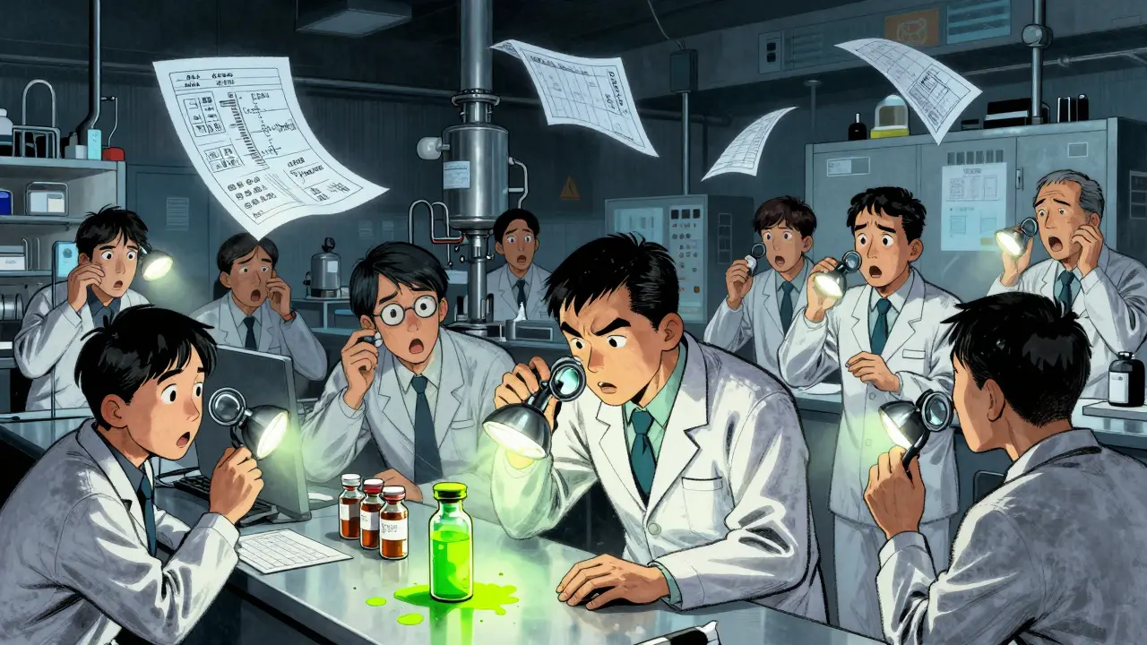 FDA inspectors uncovering a dangerous impurity in a generic drug factory at night.