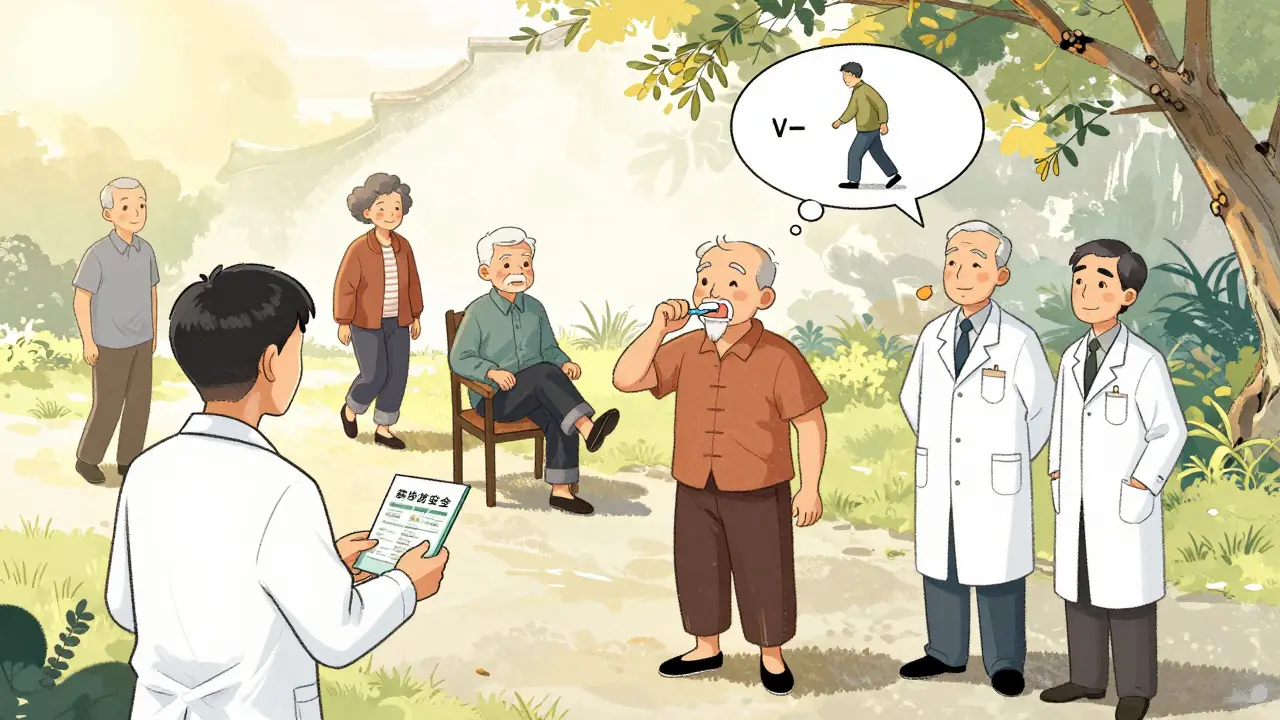 Older adults doing balance exercises in a backyard with healthcare team observing.