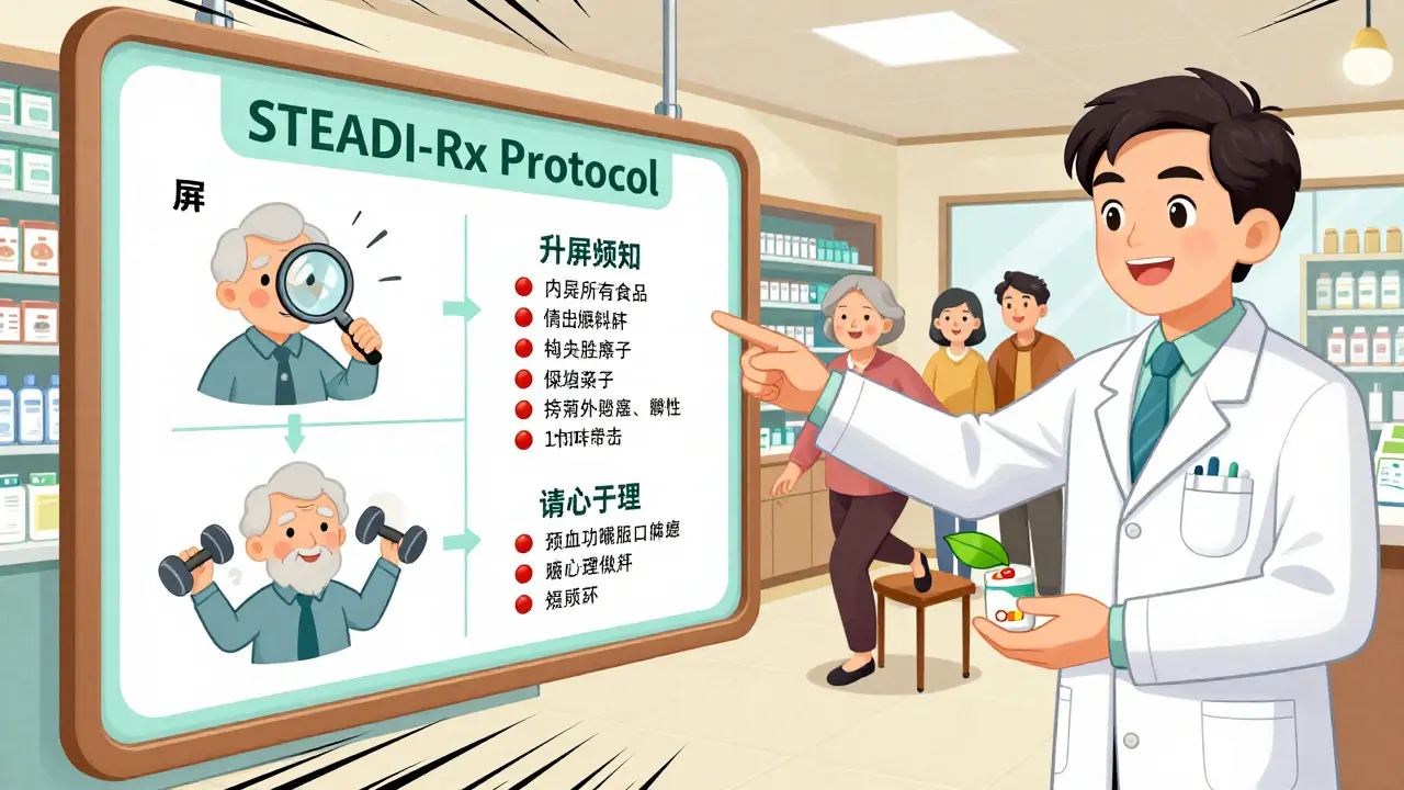 Pharmacist explaining STEADI-Rx protocol to elderly patient in a community pharmacy.