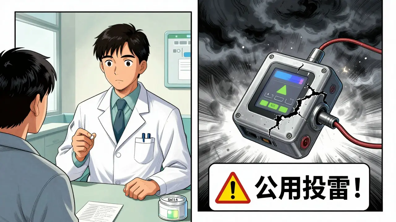 Pharmacist explains drug warning to patient while a faulty pacemaker floats with alert banner nearby.