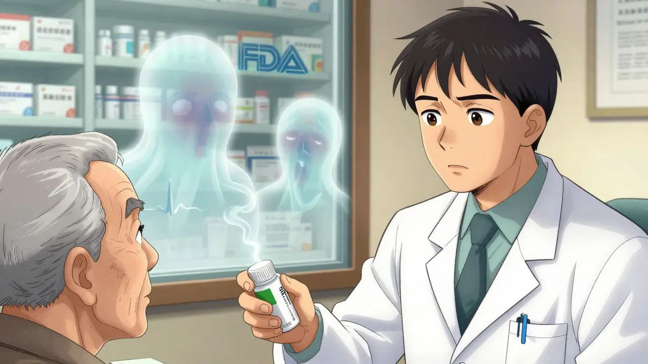 Pharmacist giving a generic pill to an elderly patient while side effects float as ghostly shapes.