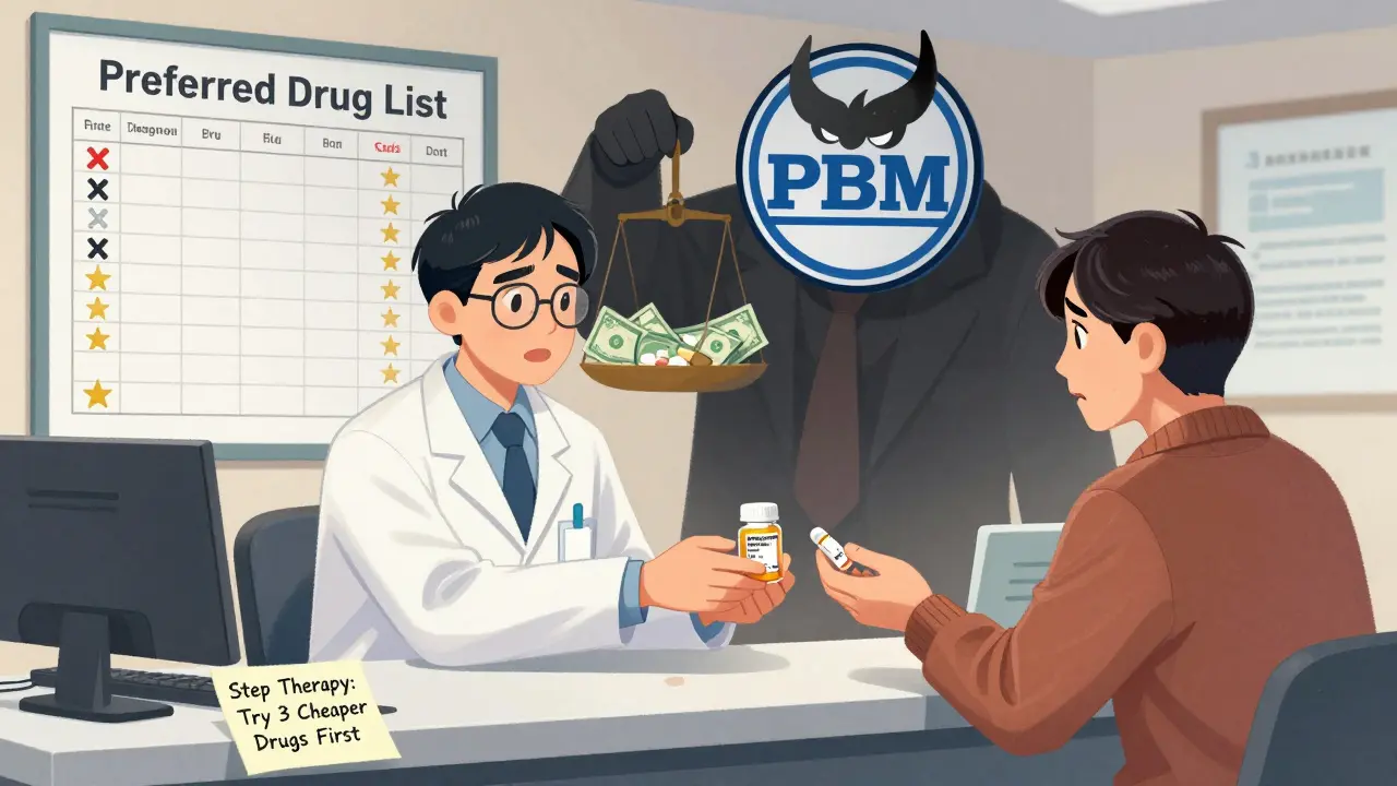 Pharmacist giving generic medication while a corporate PBM logo looms over a preferred drug list with marked exclusions.