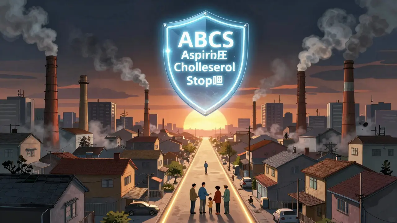 Polluted city with a glowing ABCS shield protecting a community clinic where people get checked and walk daily.