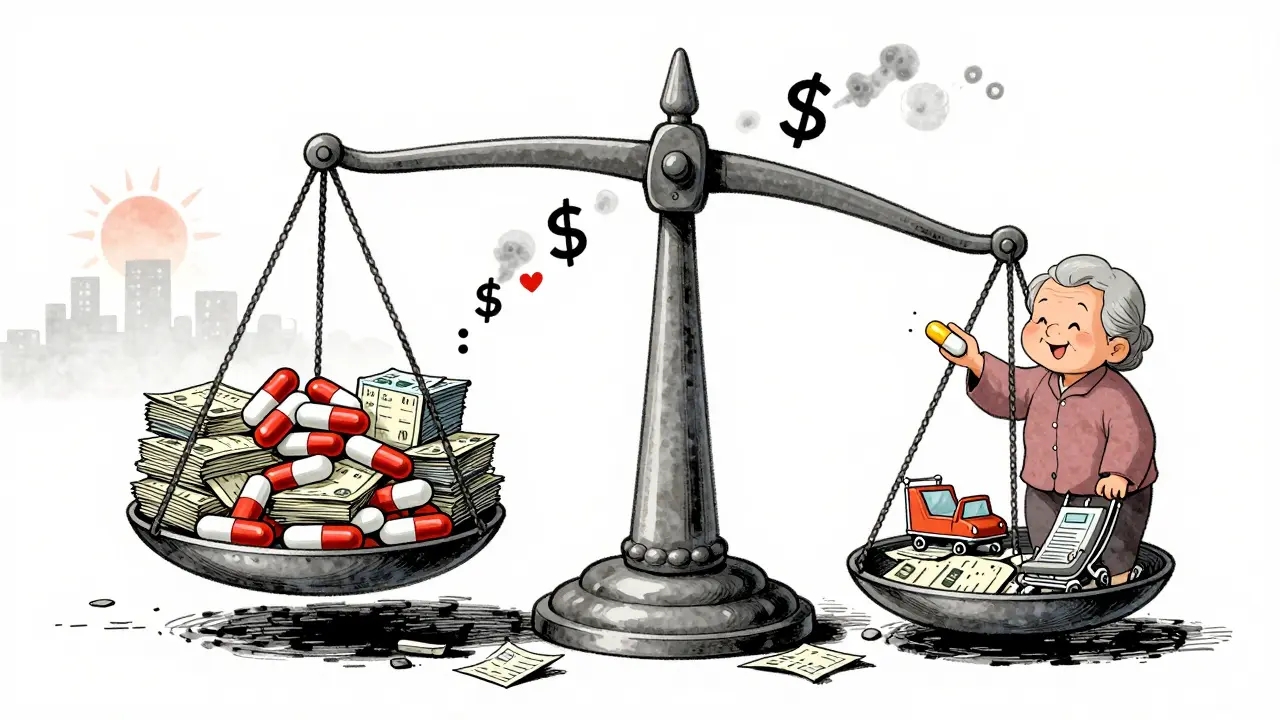Scale tipping toward generic drugs as hospital bills fall away, symbolizing healthcare savings