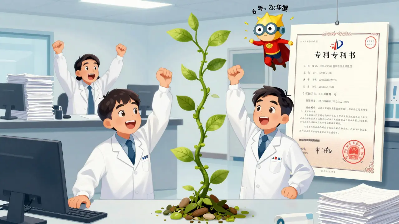 Scientists celebrating a patent extension with vines growing from a document, while a backlog of applications piles up behind them.