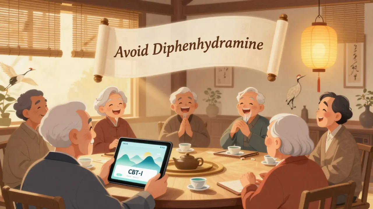 Seniors practicing sleep therapy in a community center with calming lantern light.