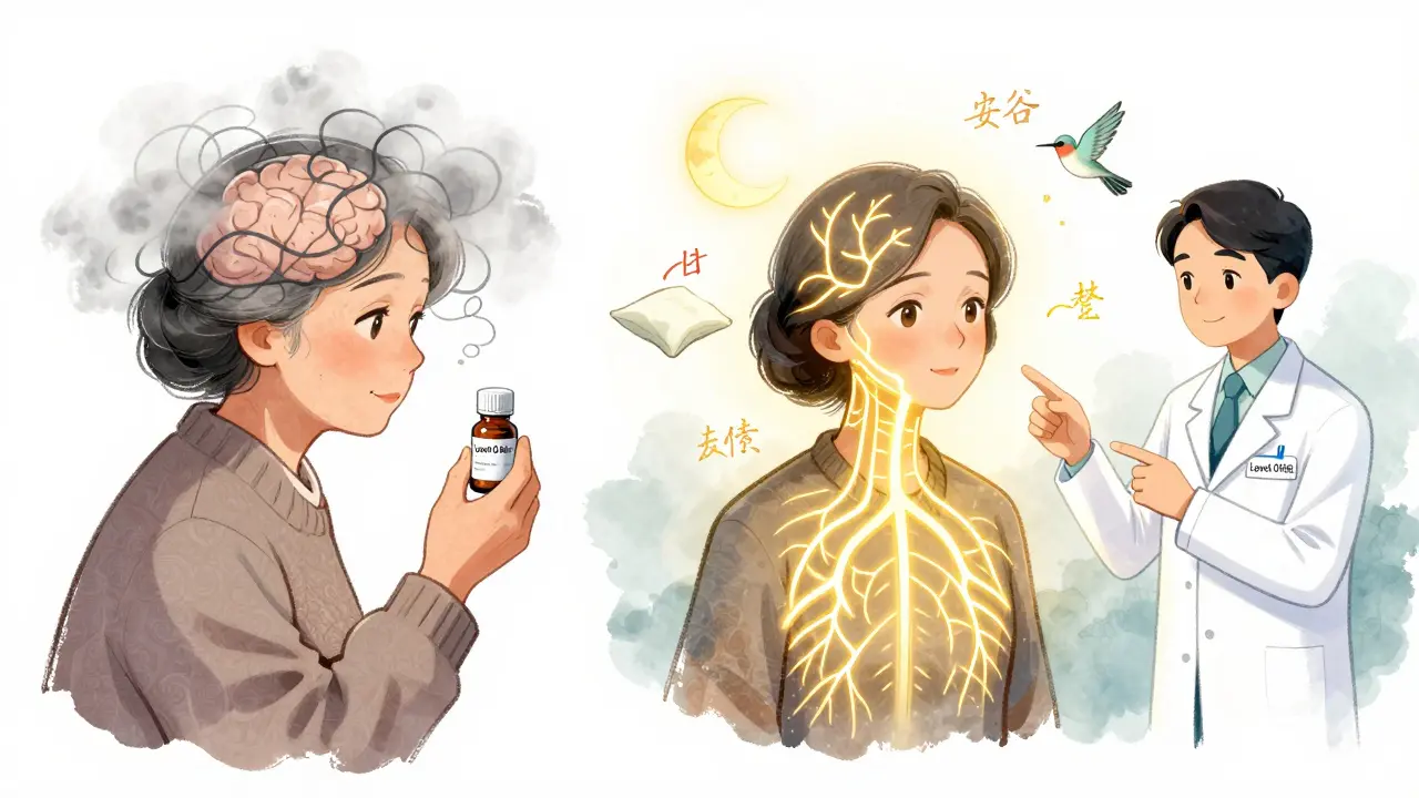 Side-by-side image showing brain effects of risky vs. safe antihistamines in elderly woman.