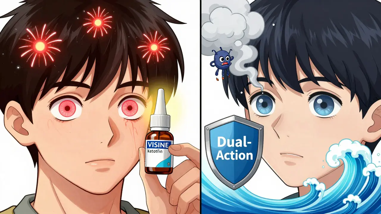 Side-by-side: one person's eyes exploding with redness from wrong drops, another's eyes calmed by dual-action treatment.