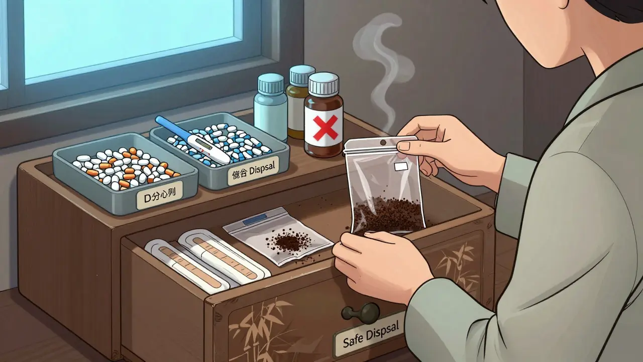 Someone organizes safe medications in a cool, dry drawer, discarding expired items in a labeled bin.