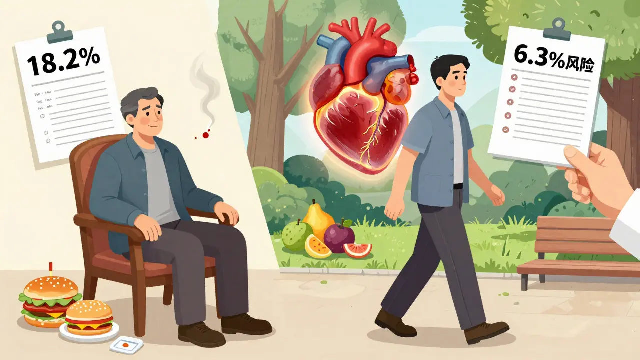 Split image: a man’s unhealthy life vs. his healthier future with a glowing heart, medication, and walking.