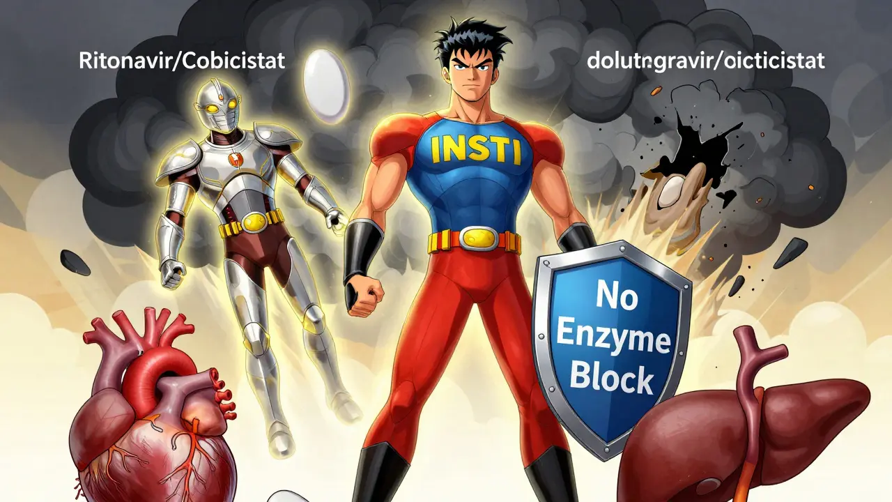 Superhero 'INSTI' standing on shield, safe statins beside him, dark HIV drug cloud crumbling, heart and liver in harmony.