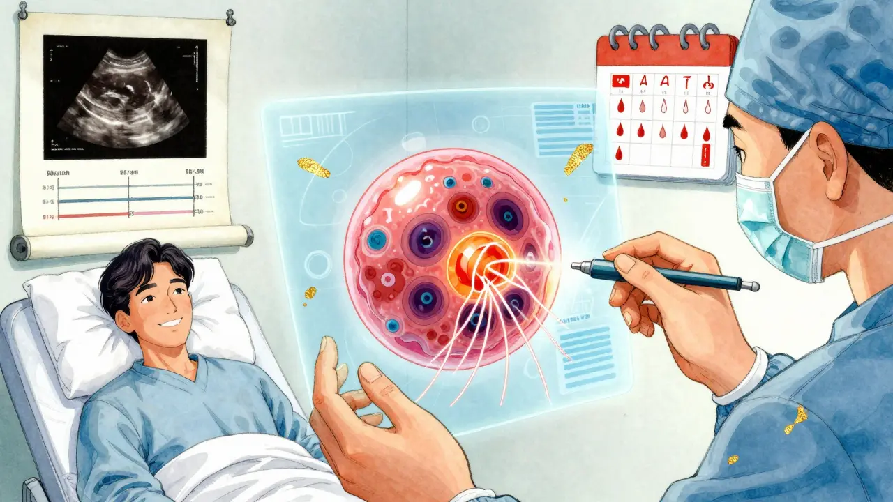 Surgeon using CRISPR gene threads to treat a pituitary tumor, with health monitoring symbols in the background, rendered in manhua style.