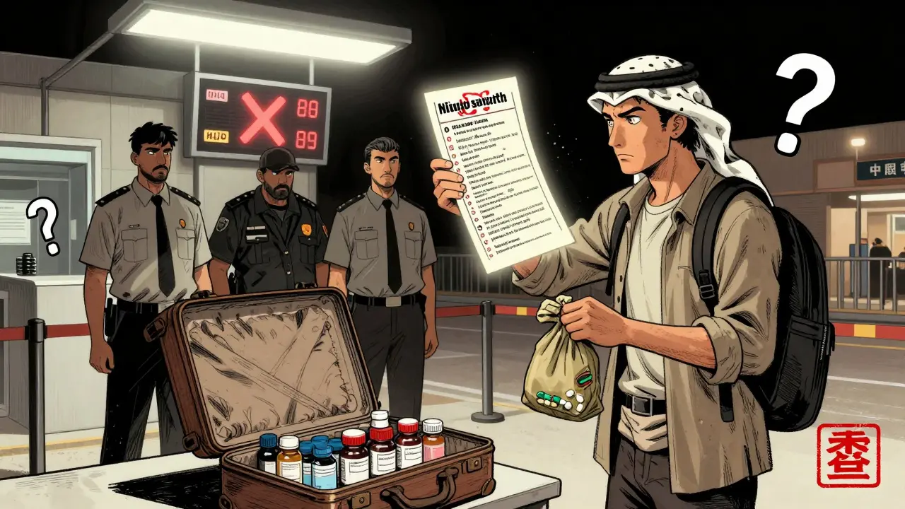 Traveler at Middle Eastern customs with banned meds highlighted on digital screen, officials inspecting pills.