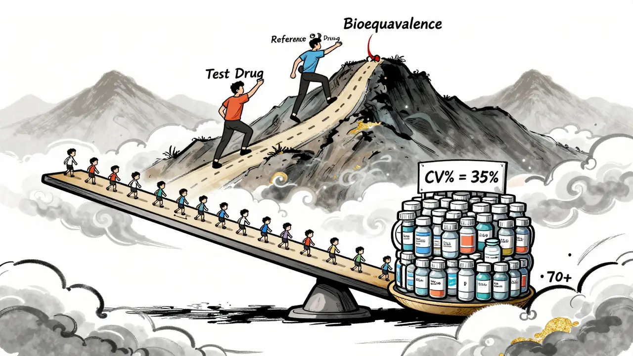 Two volunteers on mountain path reaching bioequivalence peak, with scale showing sample size difference