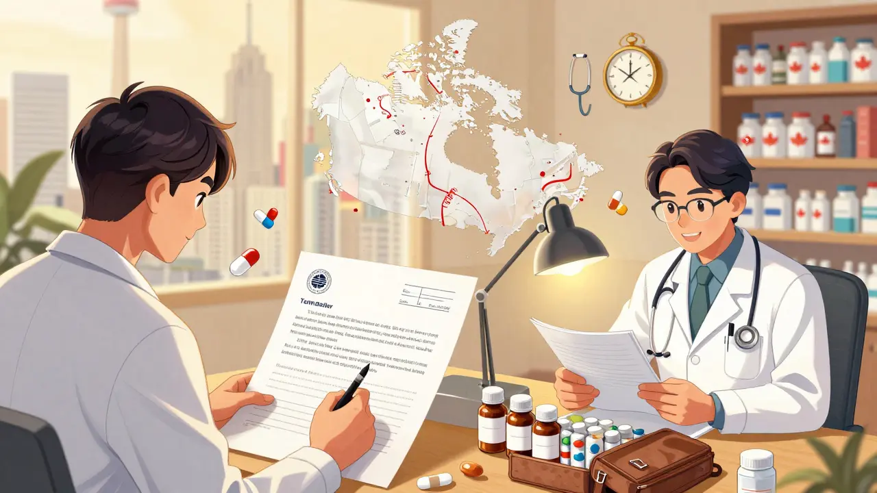 U.S. doctor writes medical letter while traveler packs meds, with Canada cosigning pathway shown on map overlay.