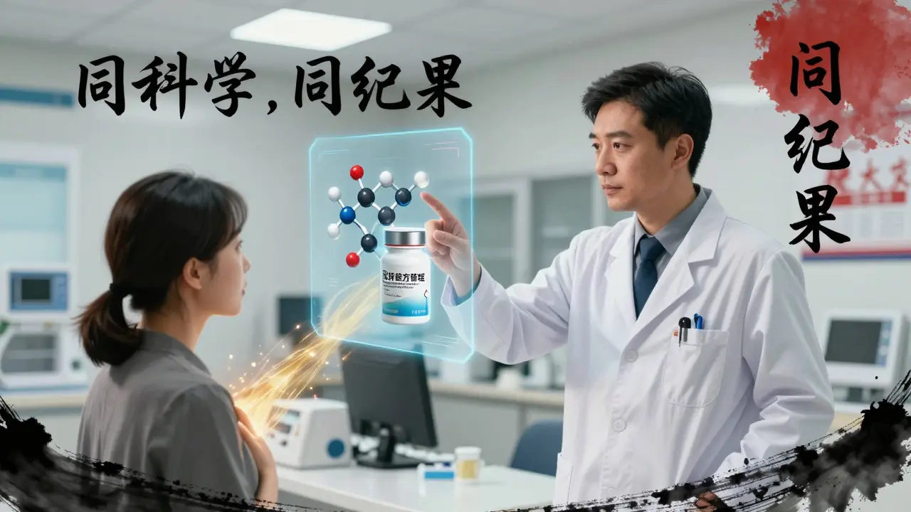 A doctor shows a hologram proving generic and brand-name drugs are identical, while a patient glows with renewed trust.