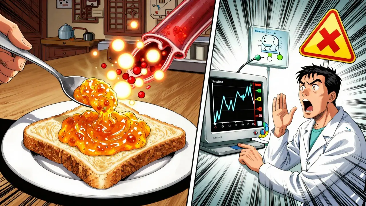 A patient eats Seville orange marmalade while hospital monitors spike with drug toxicity levels.