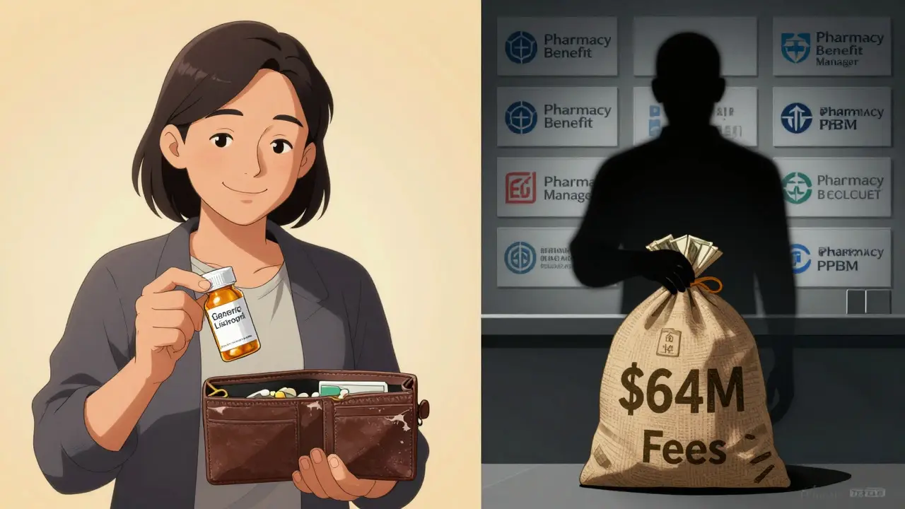 A patient holding a  generic pill bottle versus a shadowy PBM hoarding money in a corporate setting.