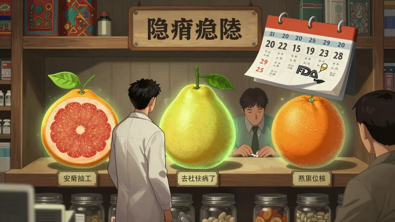 A pharmacist ignores pomelo and Seville orange warnings on a pharmacy shelf while focusing only on grapefruit.