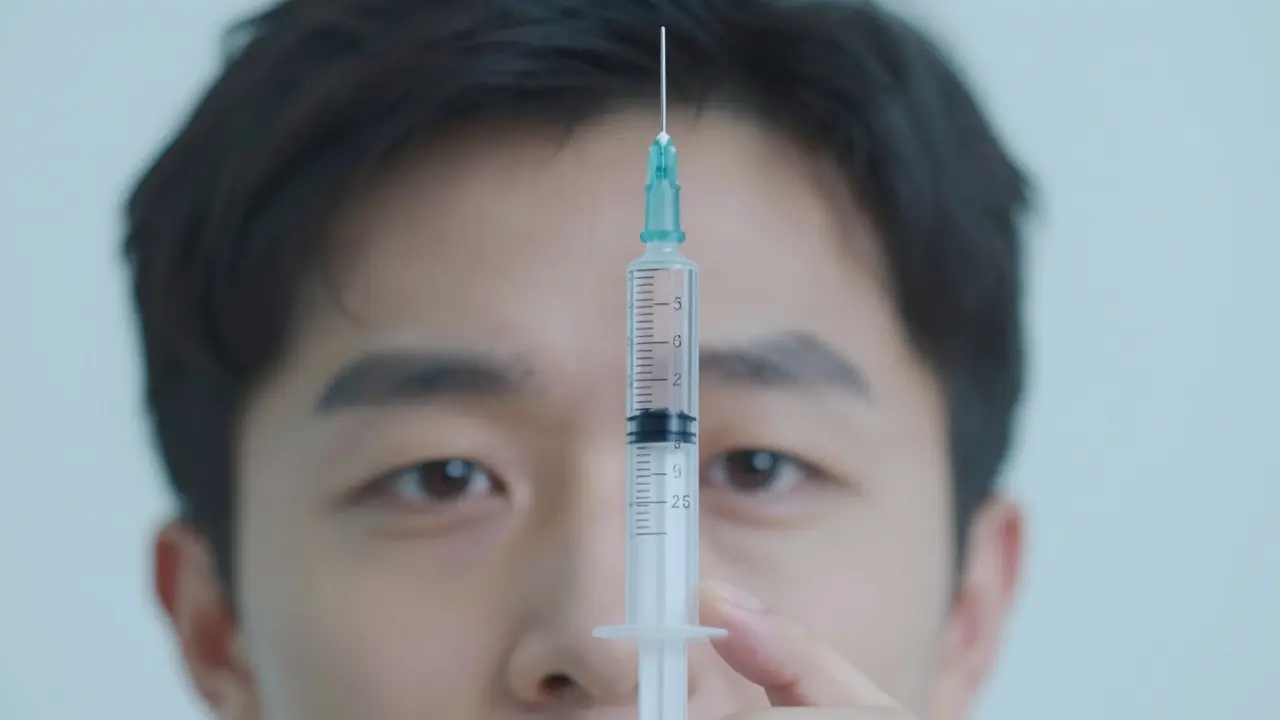 Close-up of oral syringe measuring exact dose at eye level.