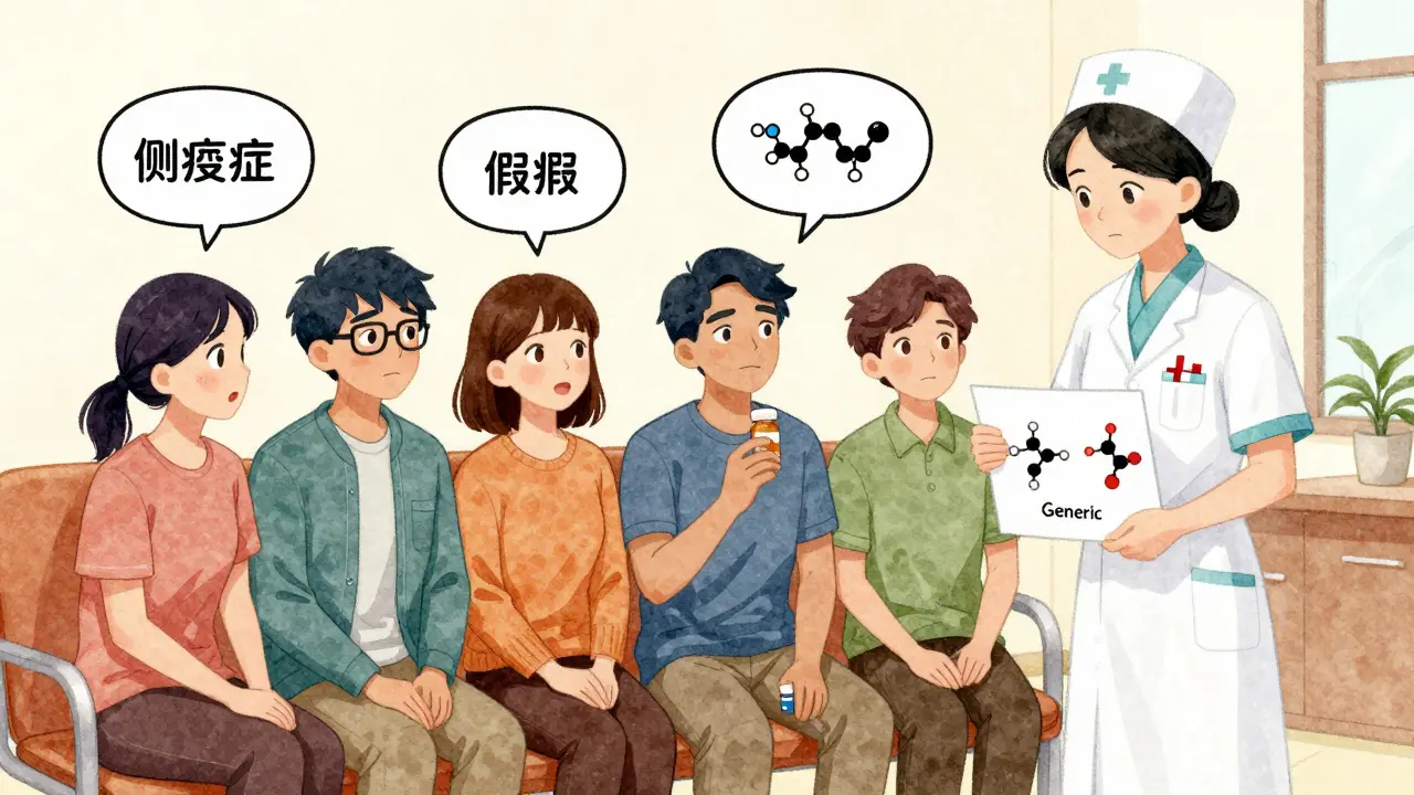 Diverse patients in a clinic with floating thought bubbles showing concerns, while a nurse explains generics with a simple diagram.