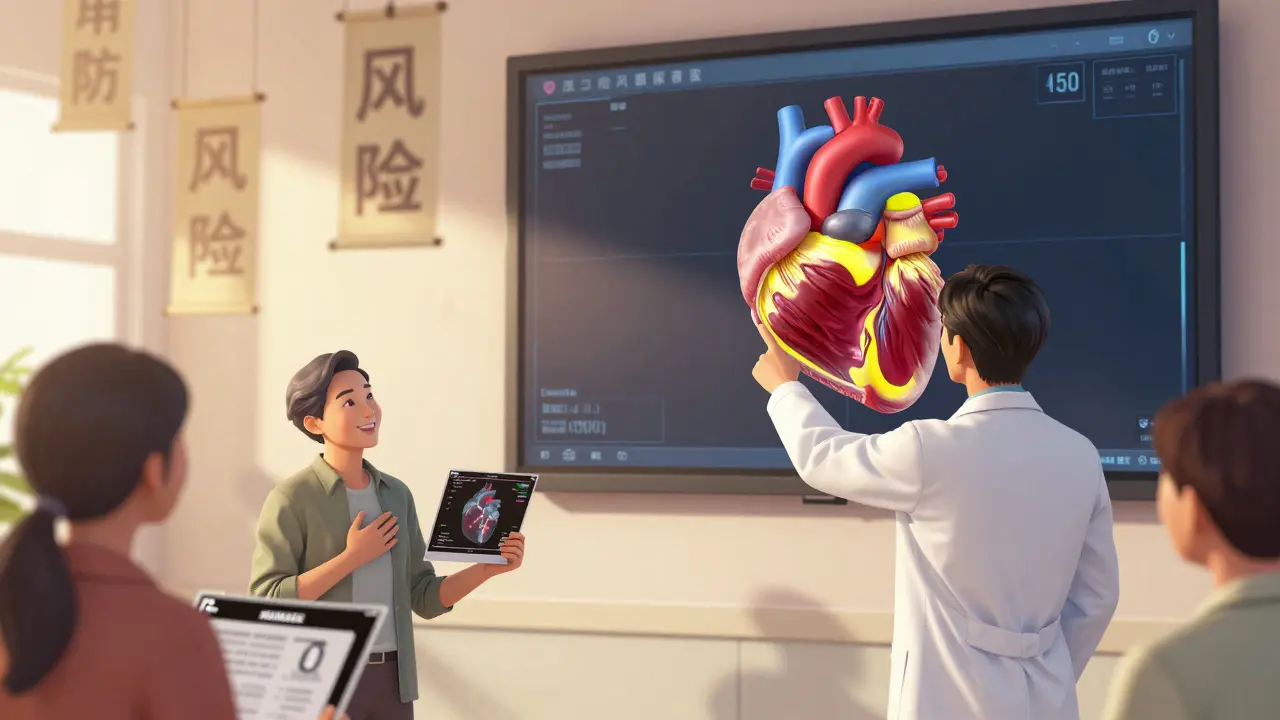Doctor explaining a coronary calcium score on a digital heart display to diverse patients.