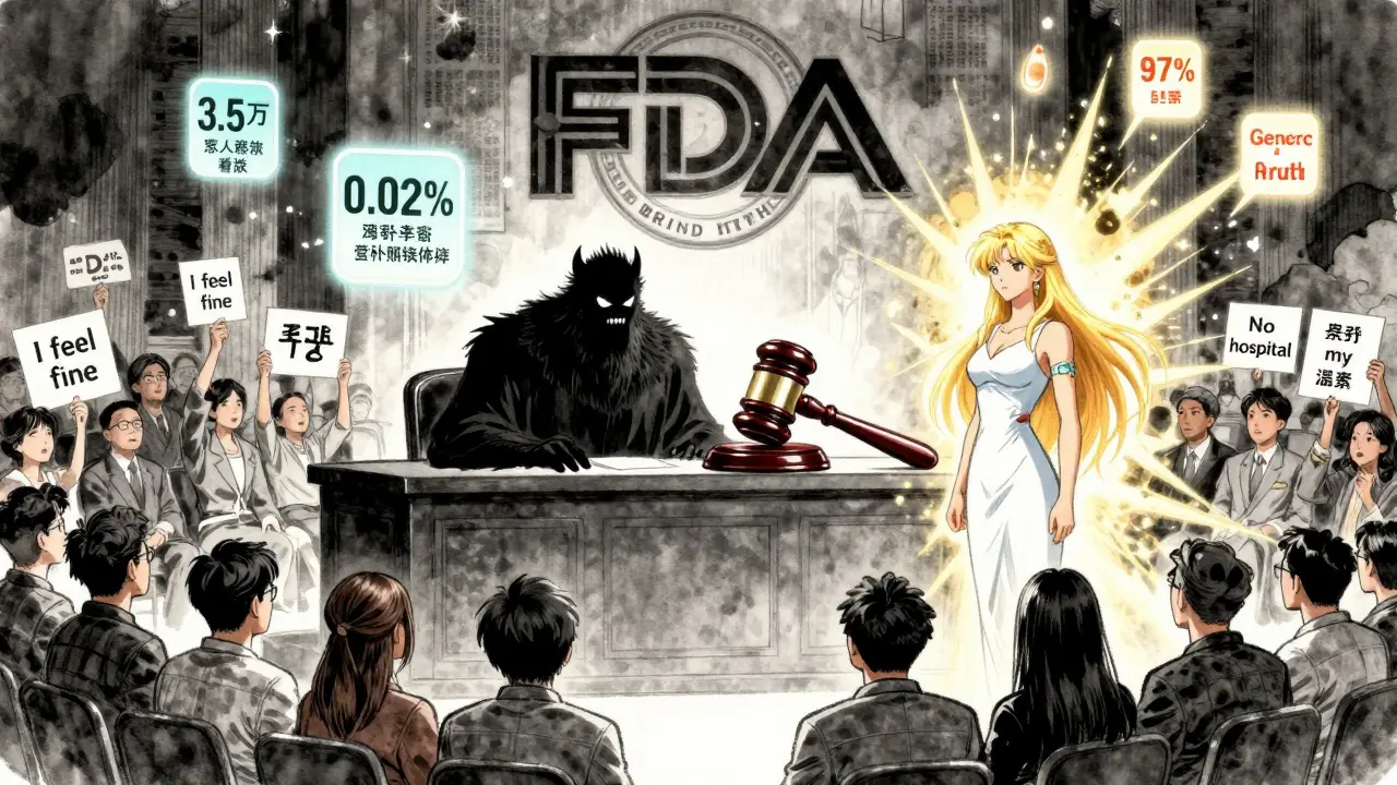 FDA badge as judge in courtroom trial, Generic Truth hero defeating Brand Myth monster with floating data evidence.