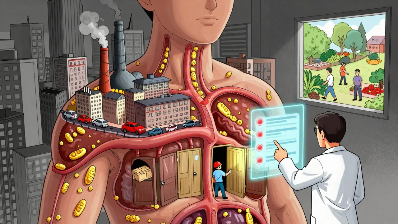 Inside a human torso city, fat cells clog arteries while an insulin worker struggles, a doctor points to a checklist of metabolic markers.