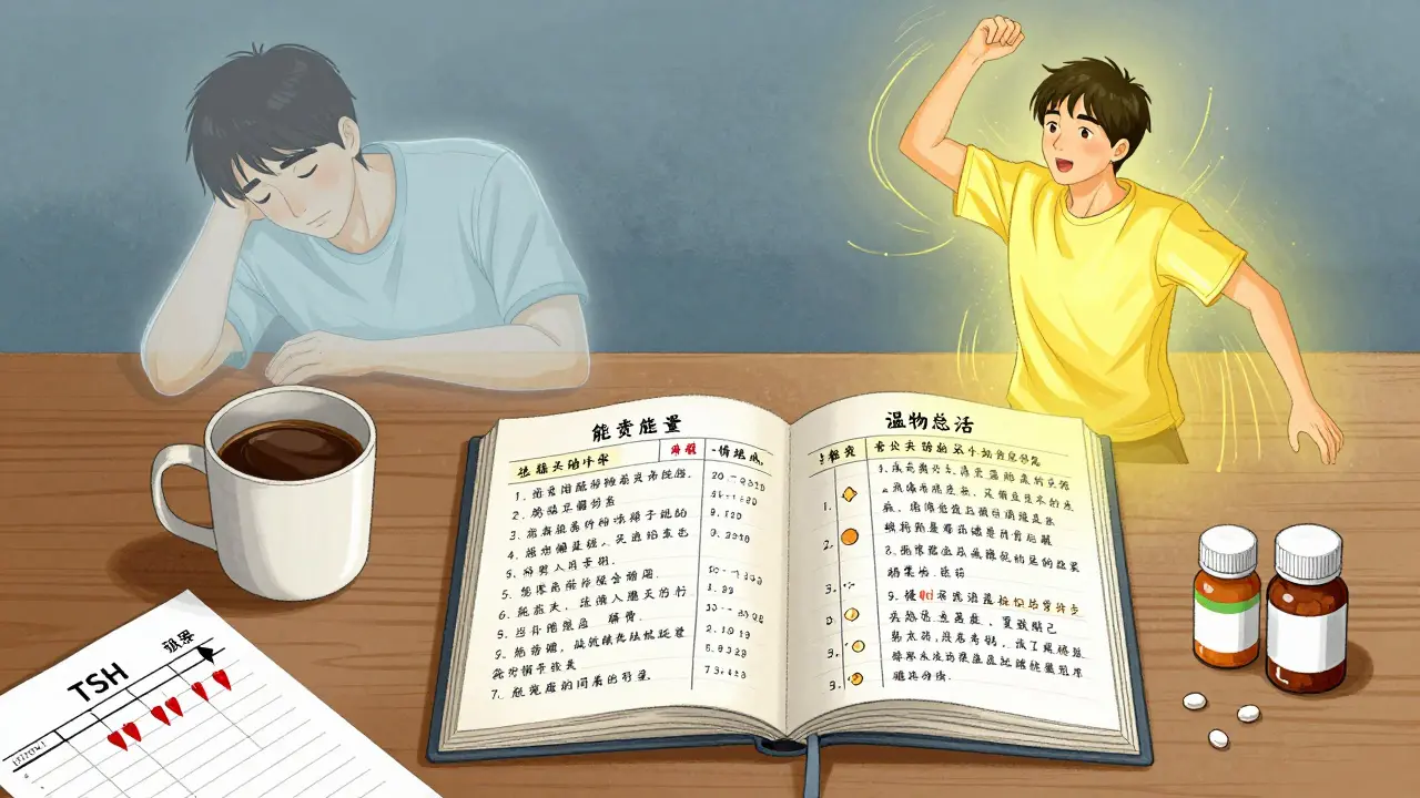 Patient journal tracking symptoms with pill bottles and lab results nearby