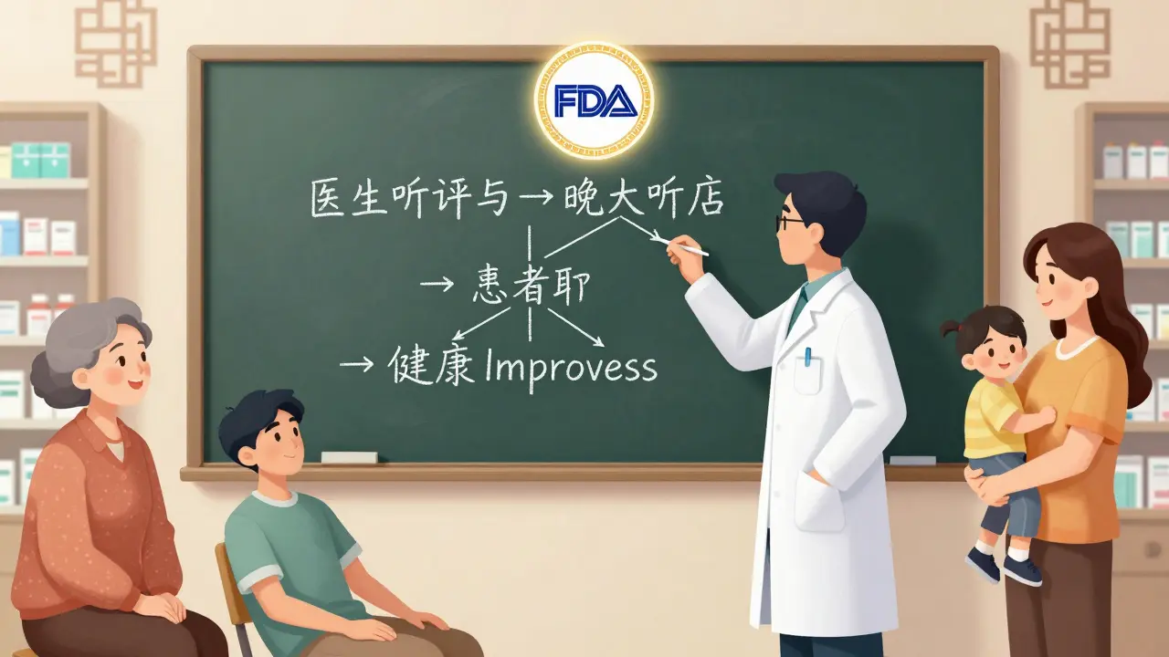 Pharmacist drawing a flowchart on a chalkboard showing how generics lead to better health, with smiling patients around.