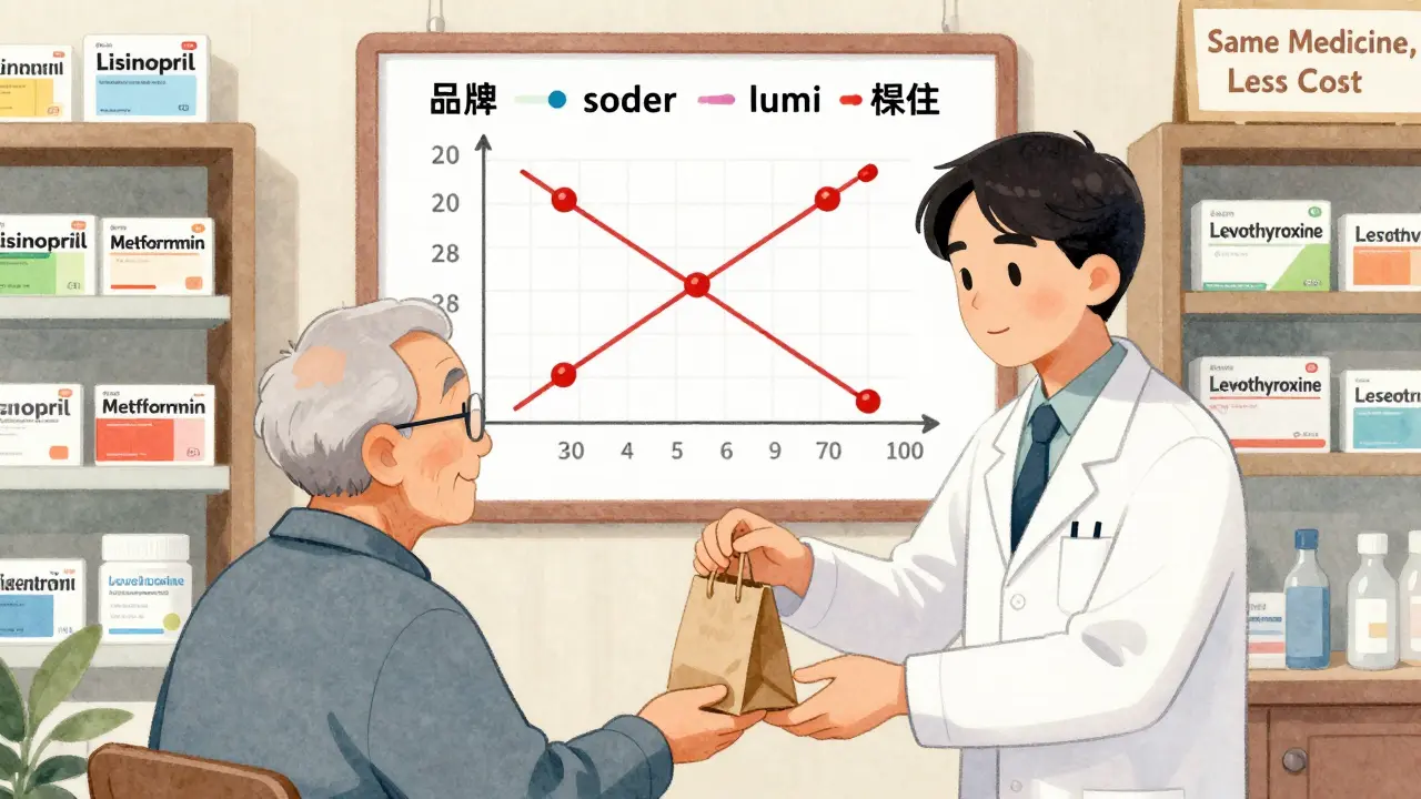 Pharmacist giving generic medication to elderly patient with cost-saving chart