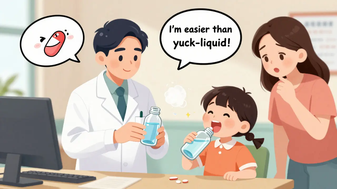 Pharmacist showing a child how to swallow a tablet using the pop-bottle method in a bright clinic.