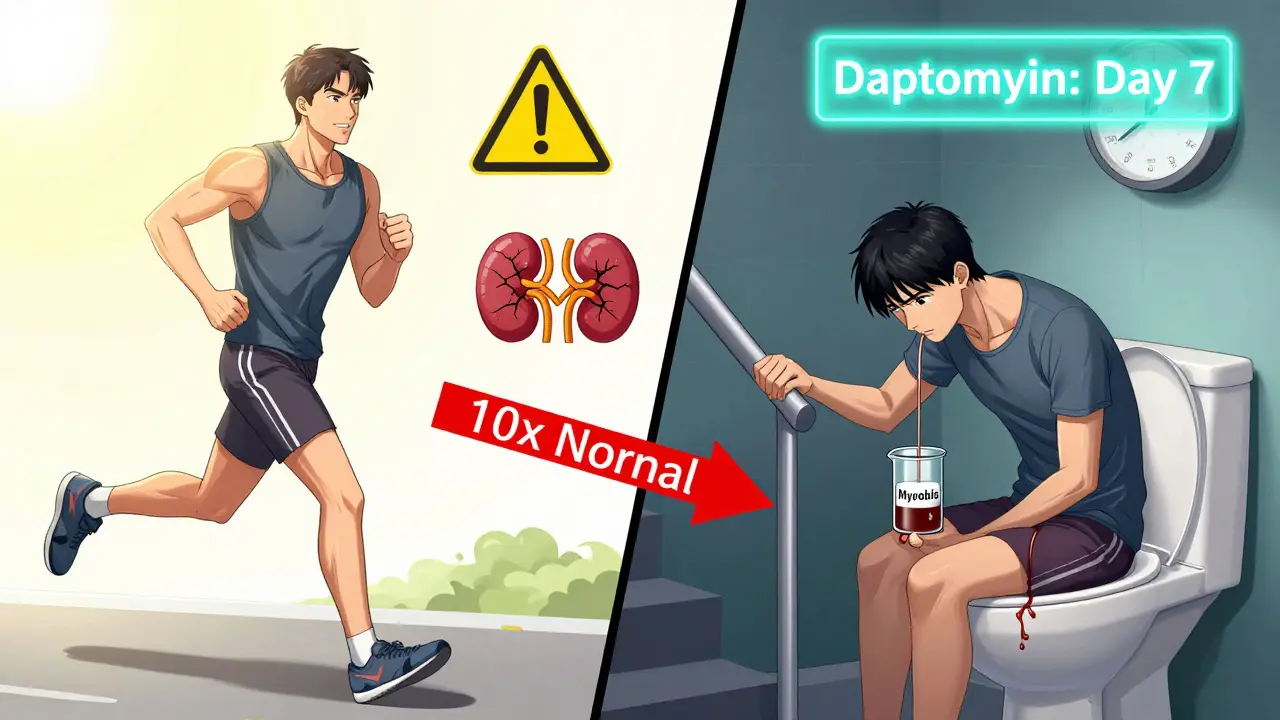 Split scene: healthy man vs. weakened patient with dark urine and rising CK levels during daptomycin treatment.