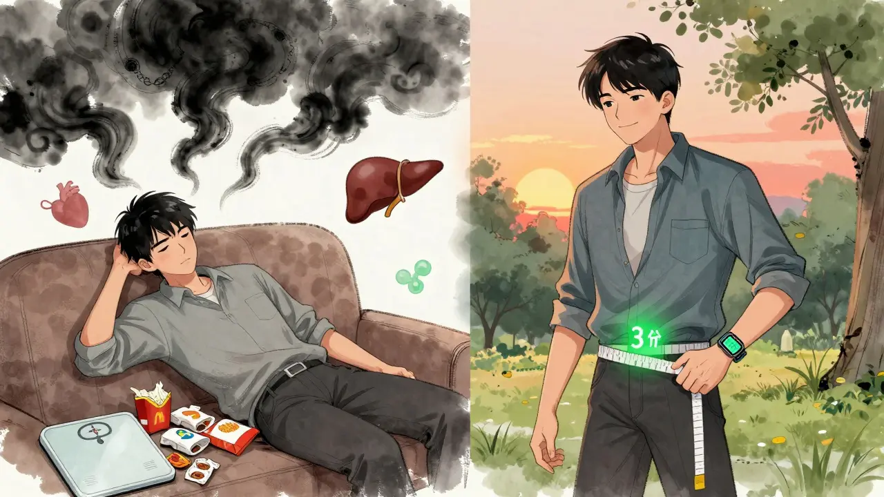 Split scene: left shows a person surrounded by unhealthy habits, right shows them walking happily in a park with improved health indicators.