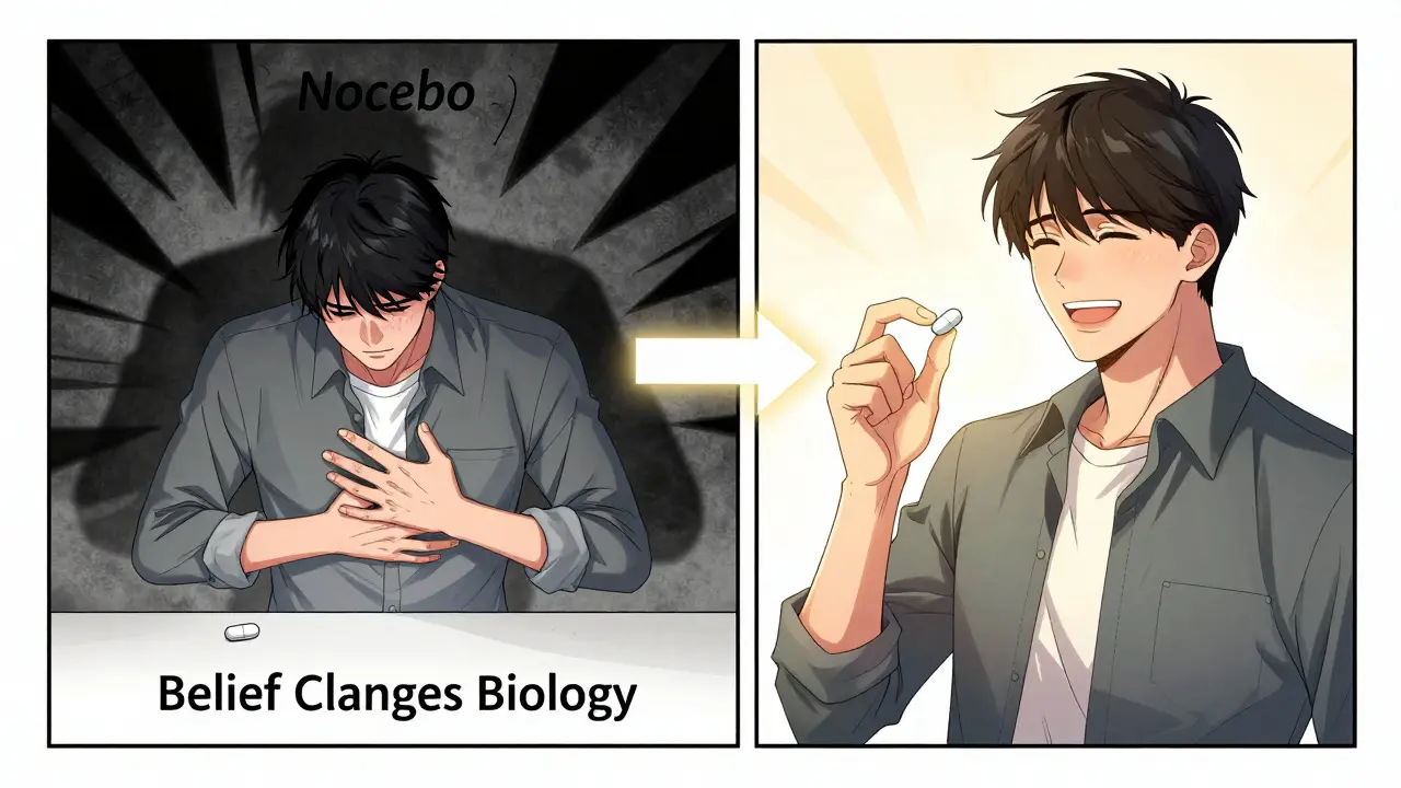 Split scene: one side shows pain from distrust of generics, the other shows relief after believing in the same pill.