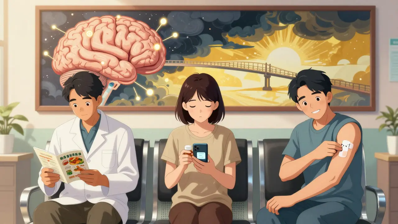 Three patients in a clinic with a brain mural showing hope, one applying an MAOI patch, others checking labels or apps.