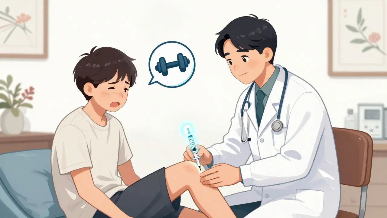 A doctor giving a knee injection while exercise symbols float nearby in a clinic.