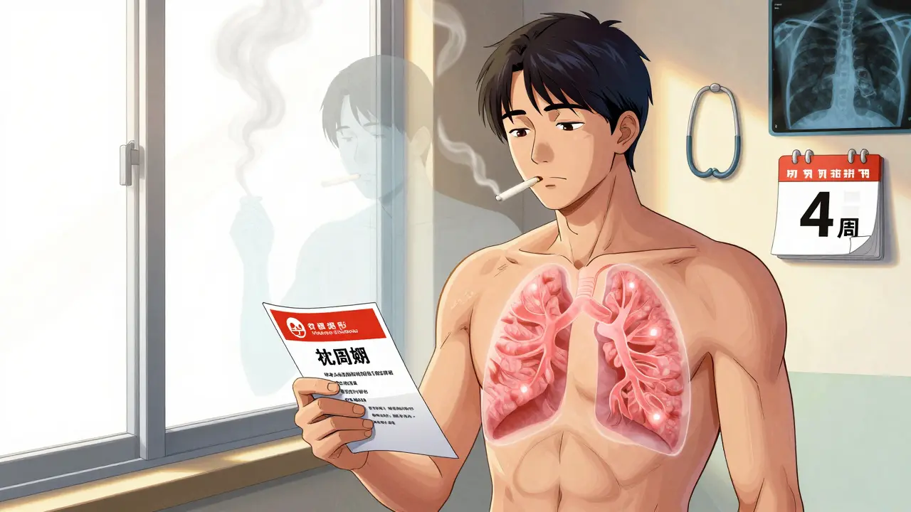 A recovered patient holding a quit-smoking pamphlet, healthy lungs glowing behind him as a faded image of smoking disappears.