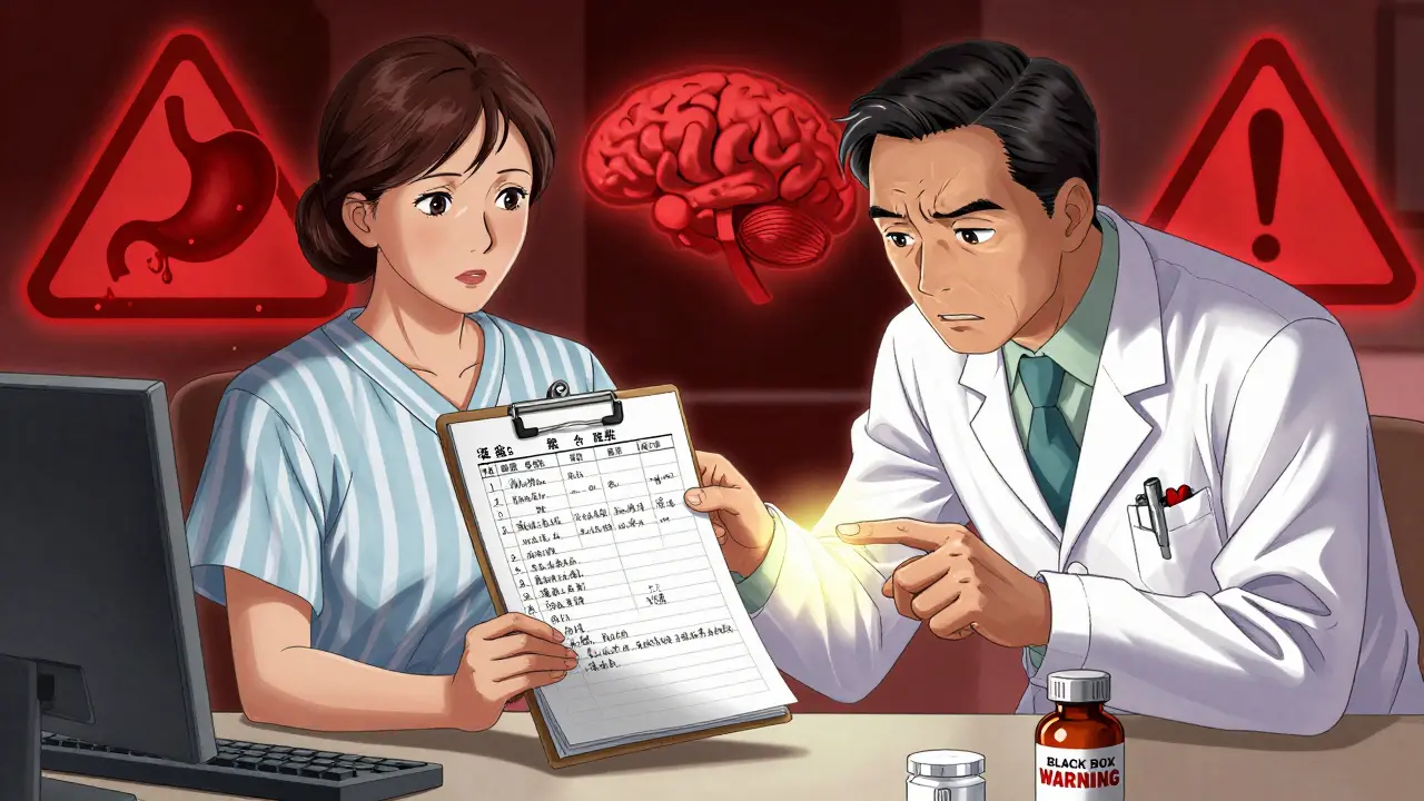 A woman shows her side effect log to a doctor while red warning symbols float behind them, emphasizing medical urgency.