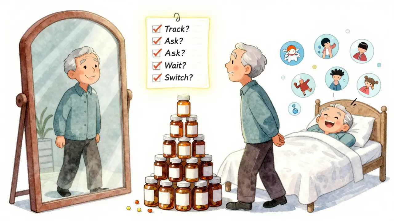 An elderly man sees two versions of himself in a mirror — one healthy, one falling — with a glowing checklist above.