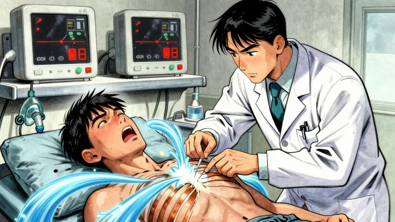 An emergency doctor performing needle decompression on a patient, air escaping dramatically as monitors alarm.