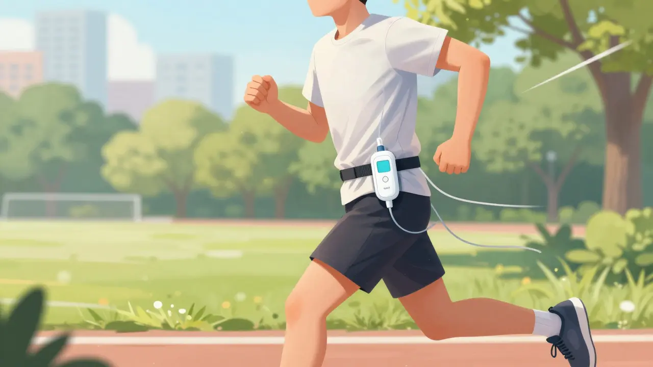 Athlete running outdoors with waterproof insulin pump device on hip.