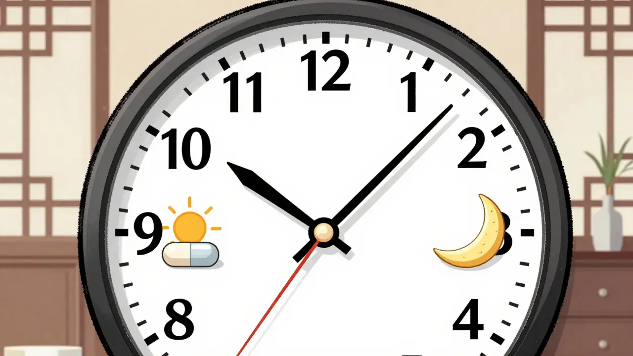 Clock face showing time gap between morning and night pills