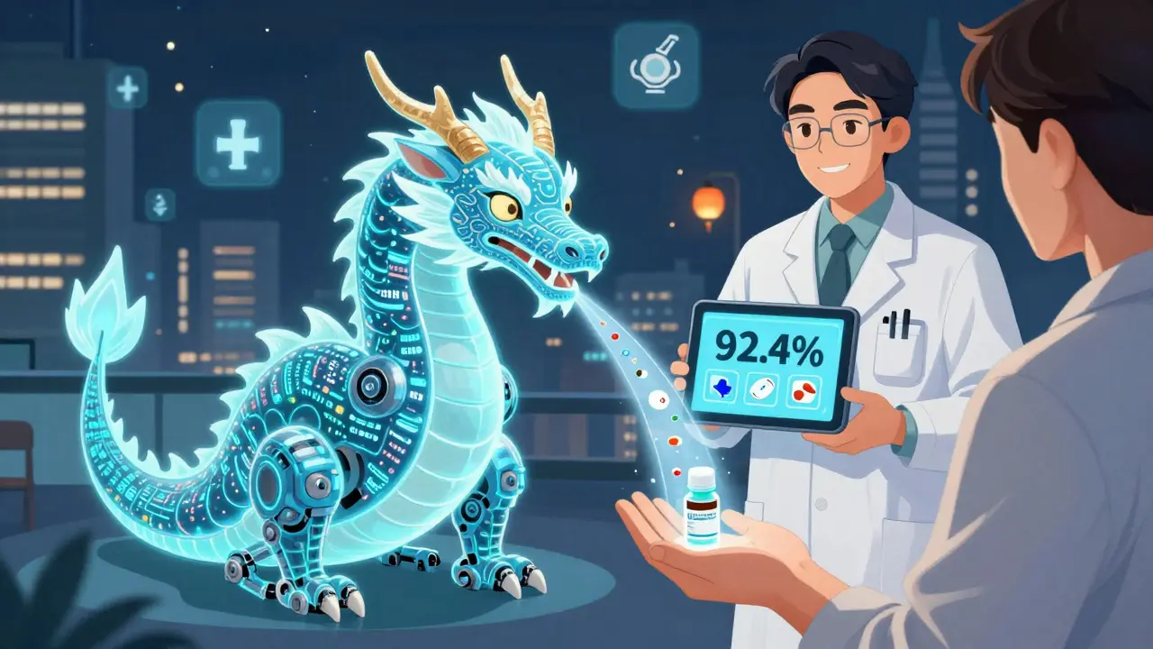 Dragon-shaped AI robot delivering precise dosing recommendations to elderly patient, pharmacist holding tablet with 92.4% accuracy.