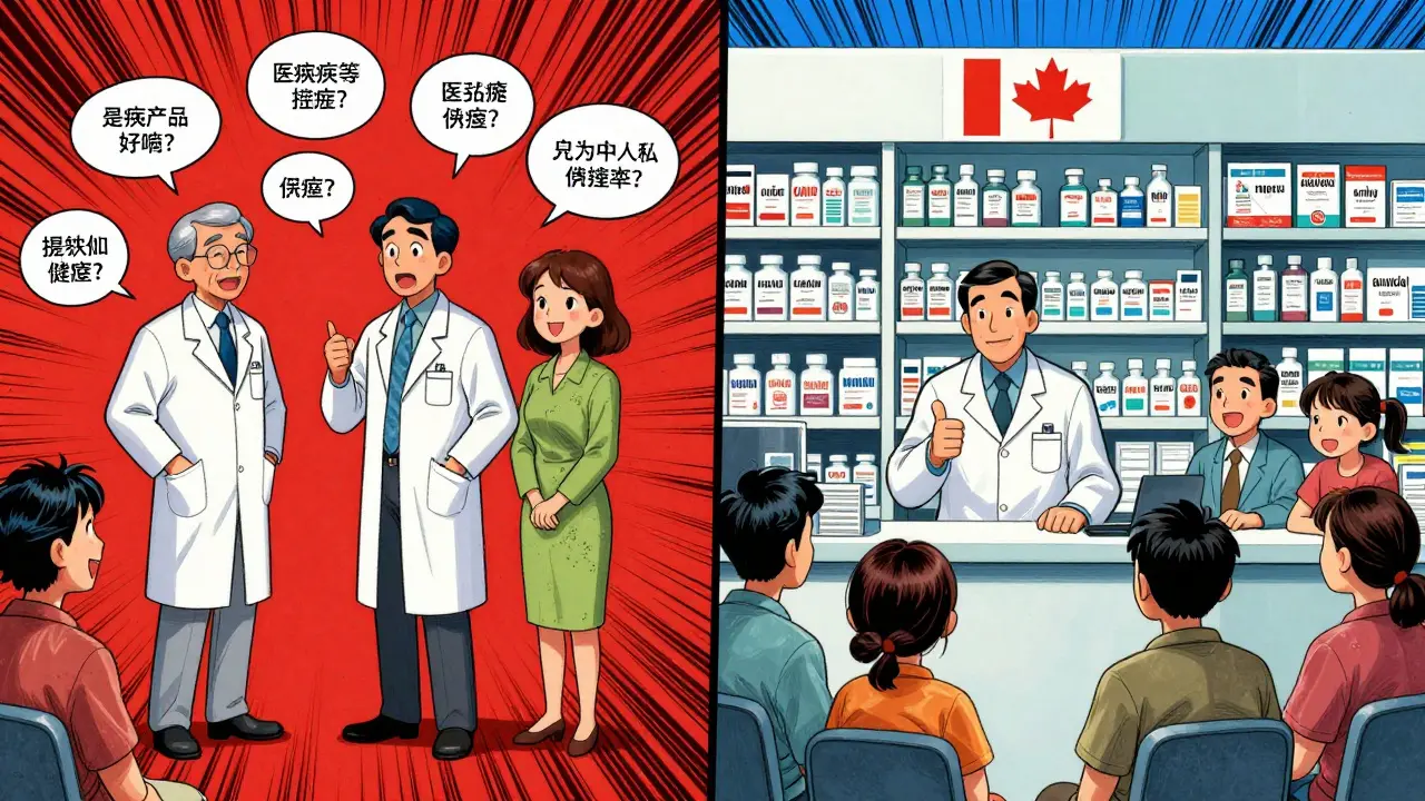Fragmented U.S. drug buyers vs. unified Canadian negotiation, shown in contrasting comic panels.