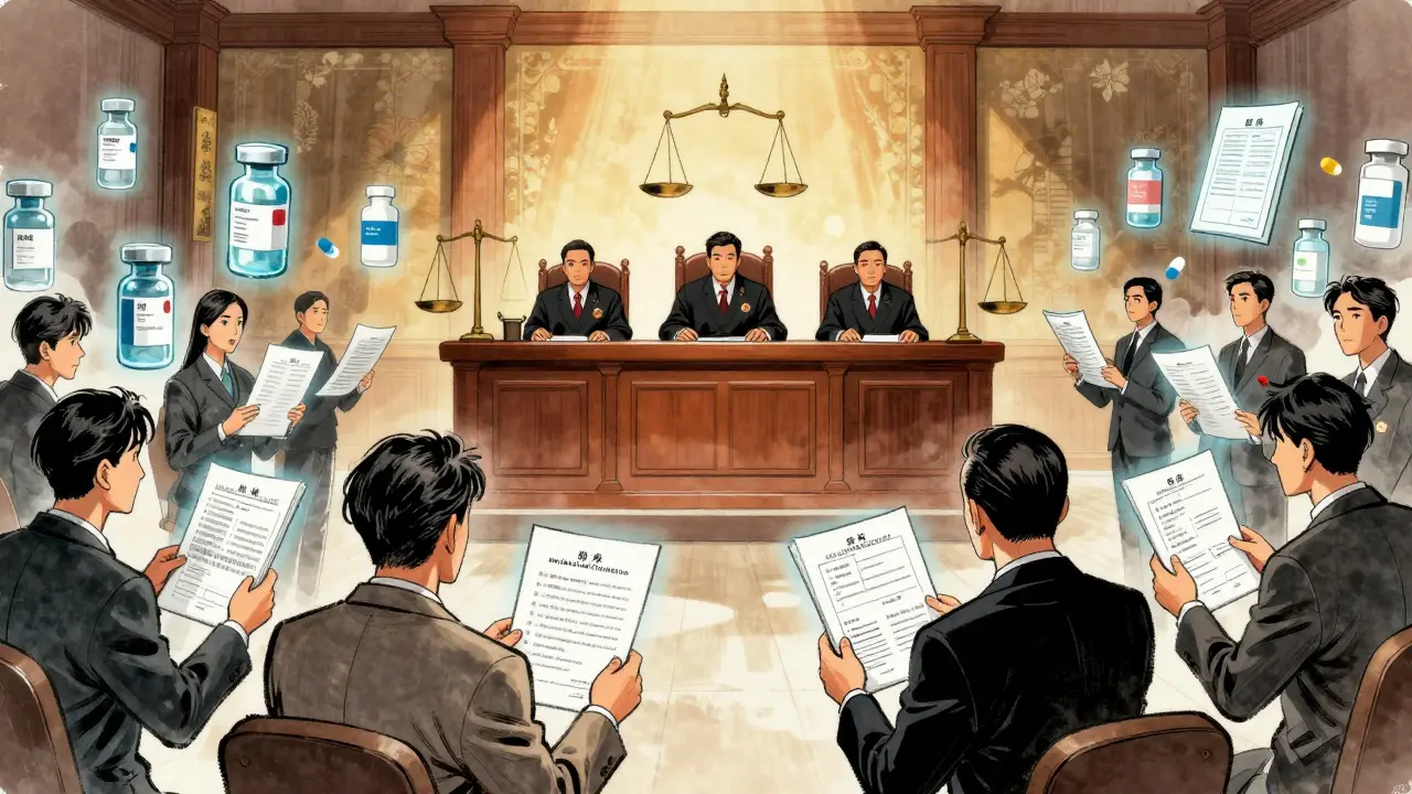 Generic versus brand drug legal battle in stylized courtroom illustration
