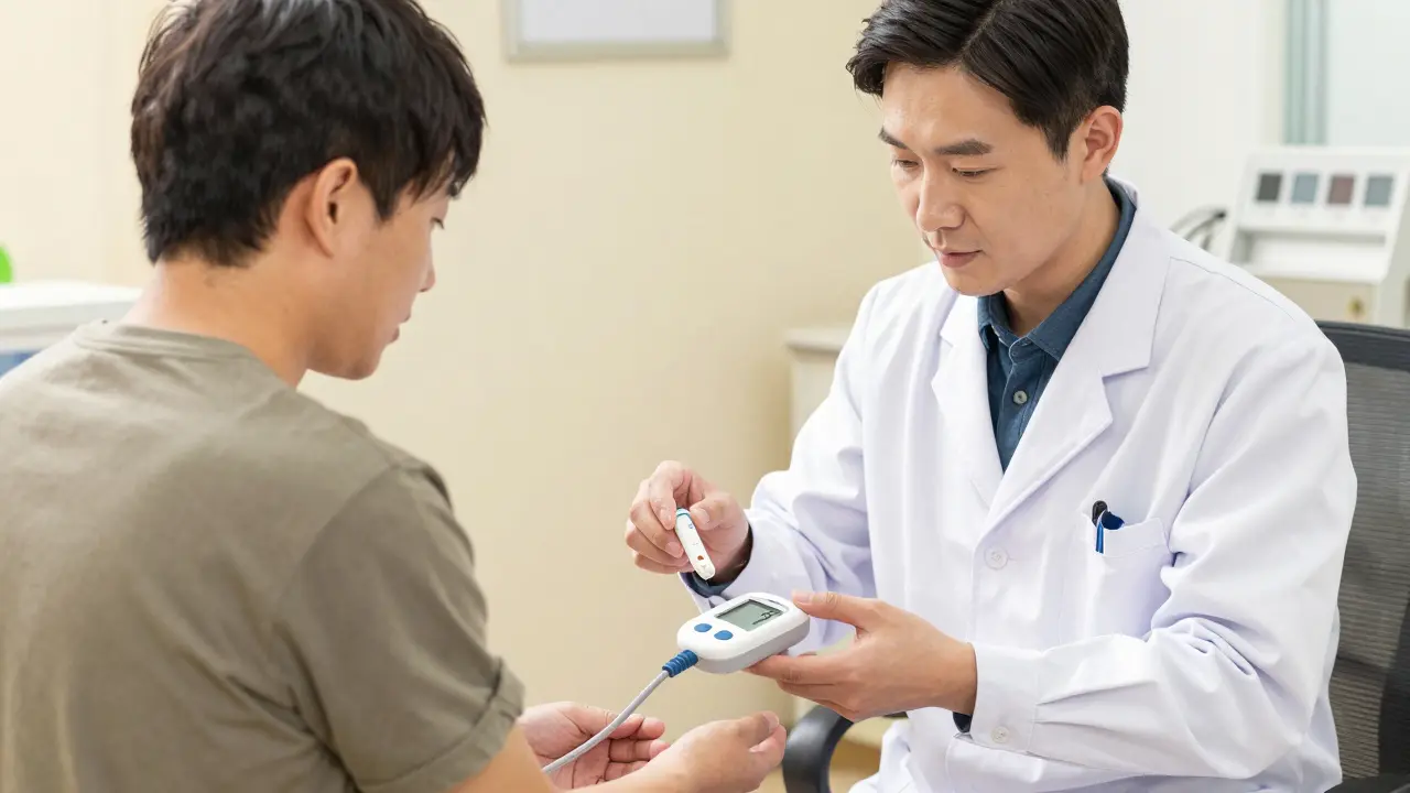 Medical specialist explaining insulin pump therapy to patient in clinic.