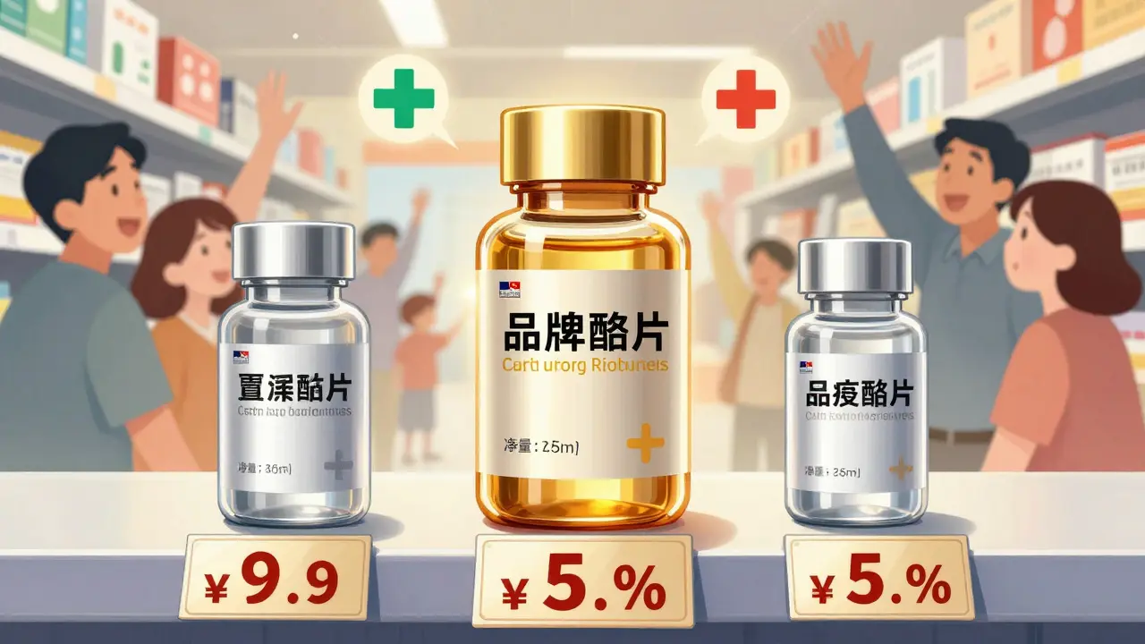 Medicine bottles showing price difference between brand and generic drugs