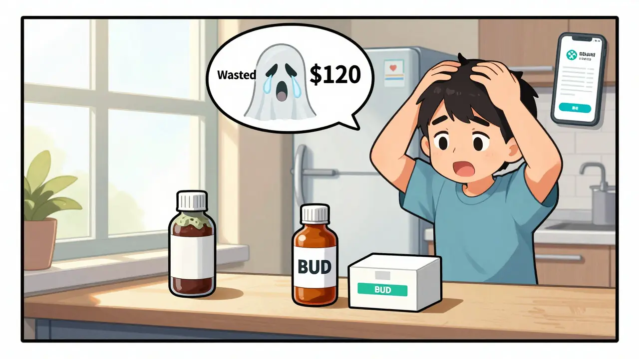 Patient discarding expired compounded medicine, returning it to pharmacy, with visual reminder of financial loss.